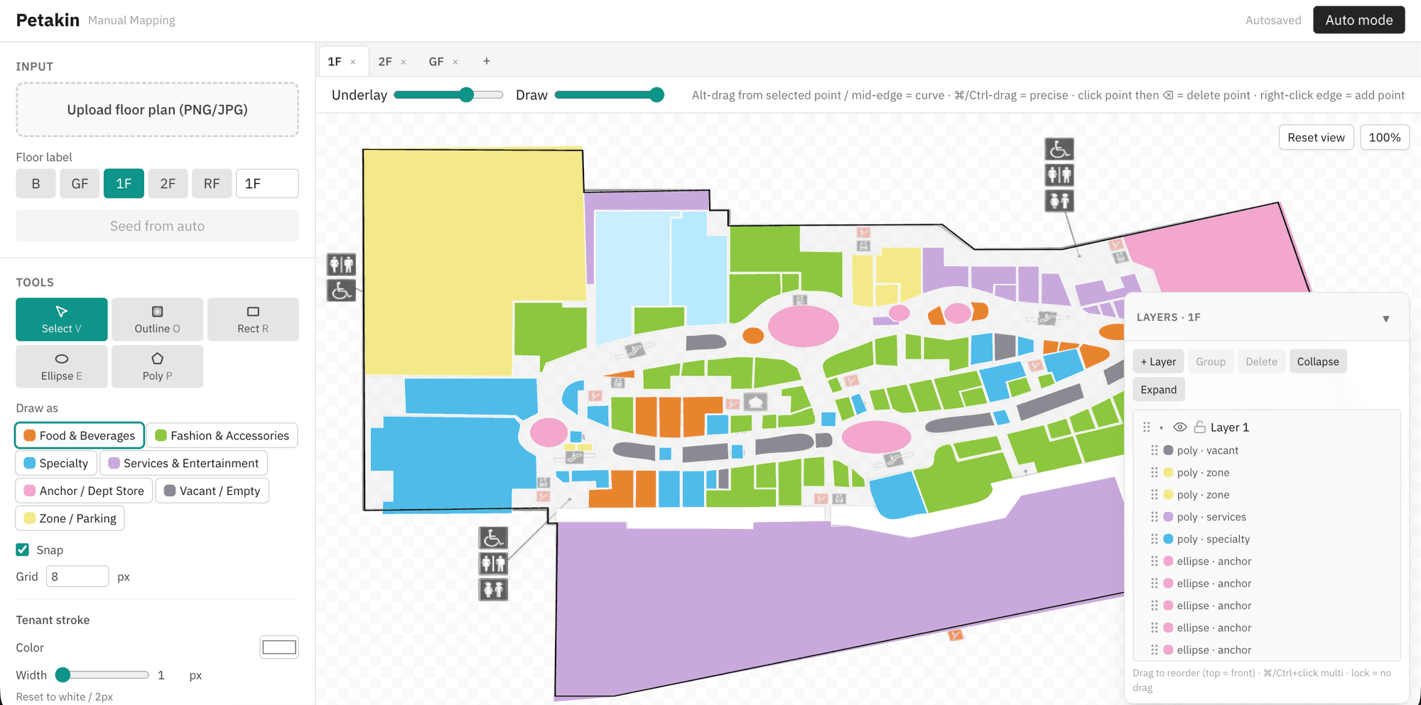 Petakin Manual mode with drawing tools, a layer panel, and a tab per floor.
